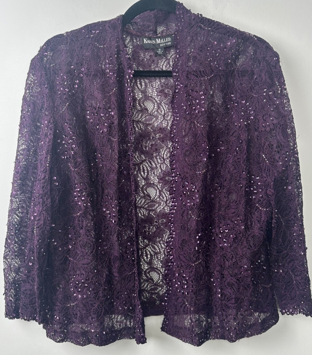 Karen Miller NY 16 Purple top crocheted knitted lace blouse cover-up Beaded A34